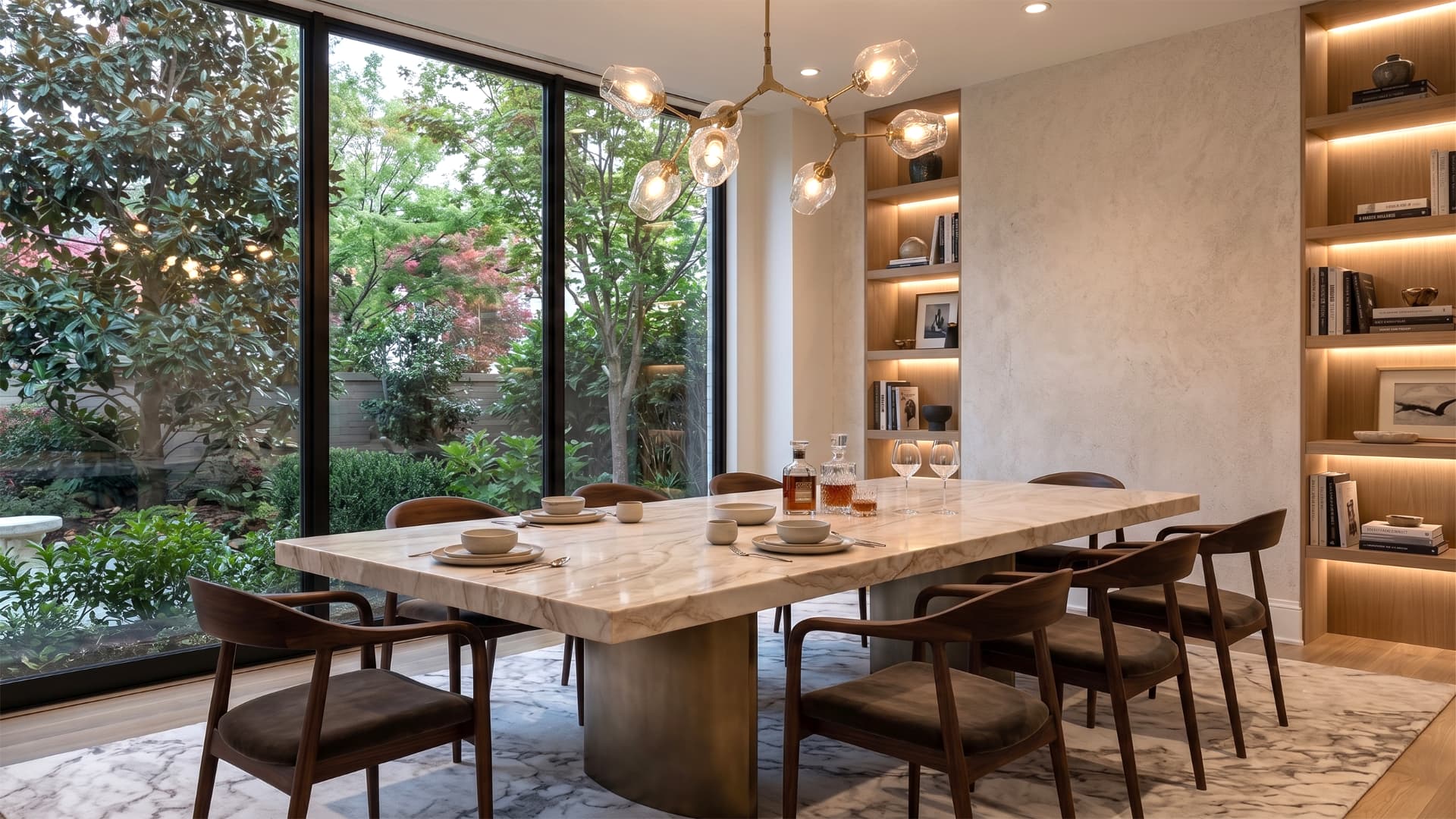 Luxury dining room with a large quartzite table and floor to ceiling windows