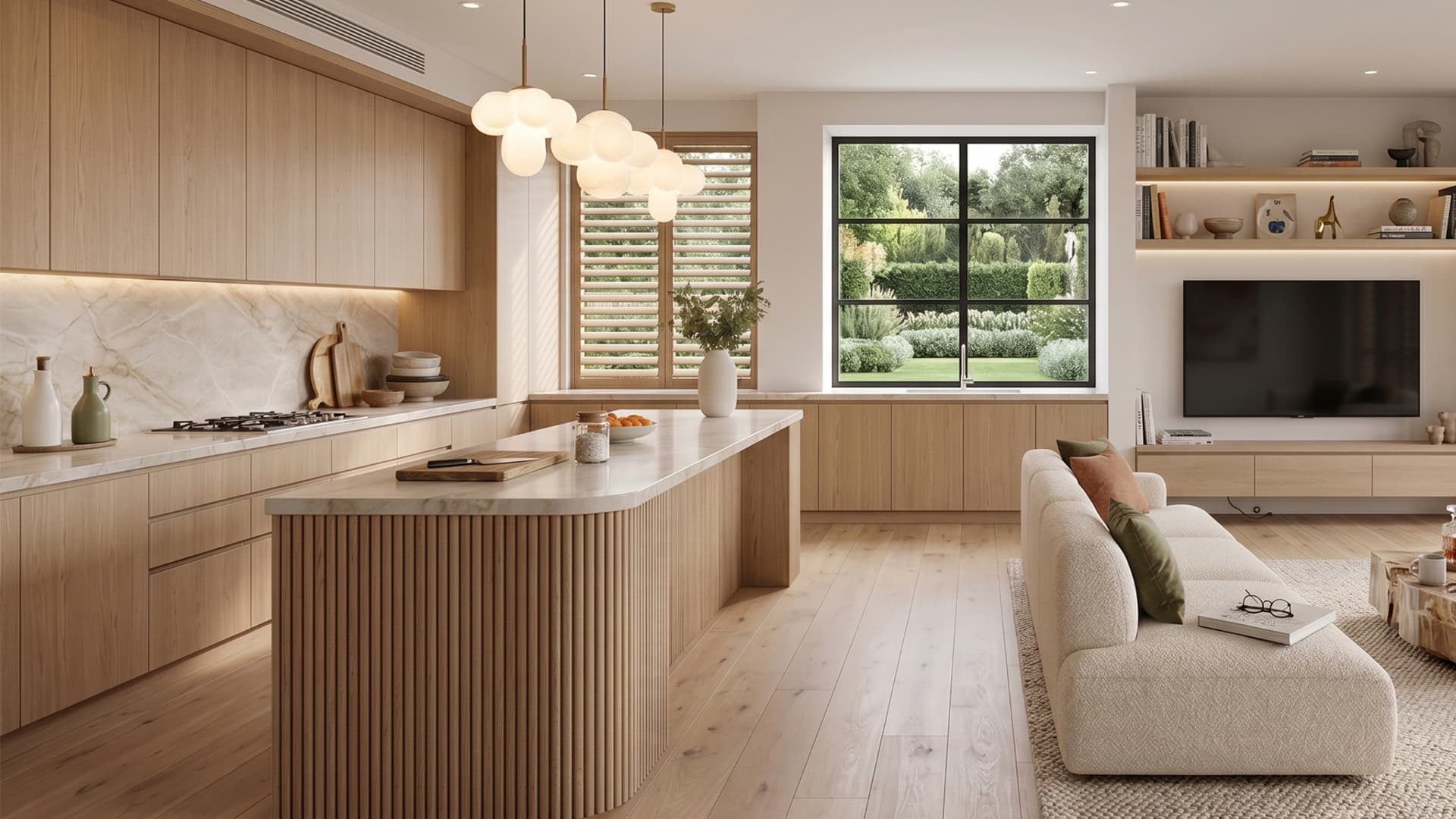 Minimalist light wood kitchen with a long Taj Mahal quartzite island