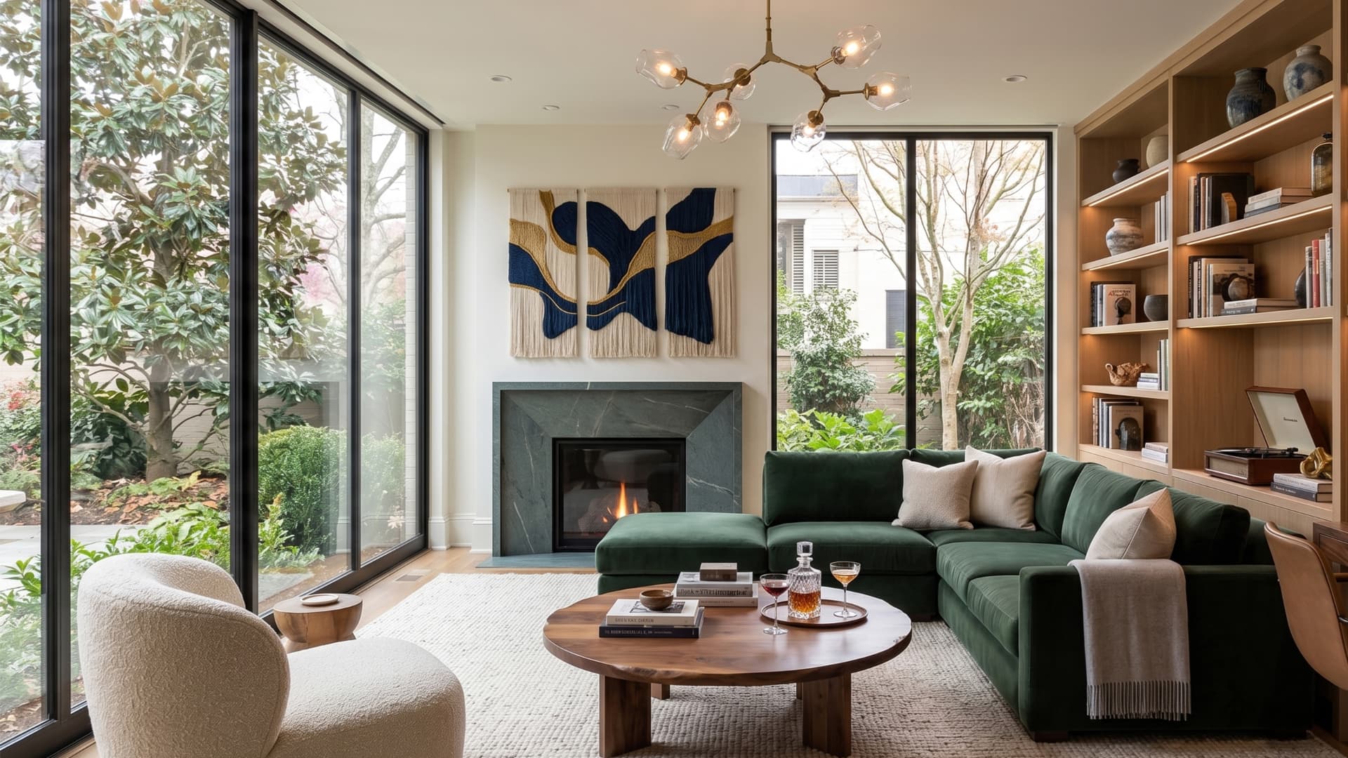 Modern living room with a green stone fireplace surround and velvet sectional