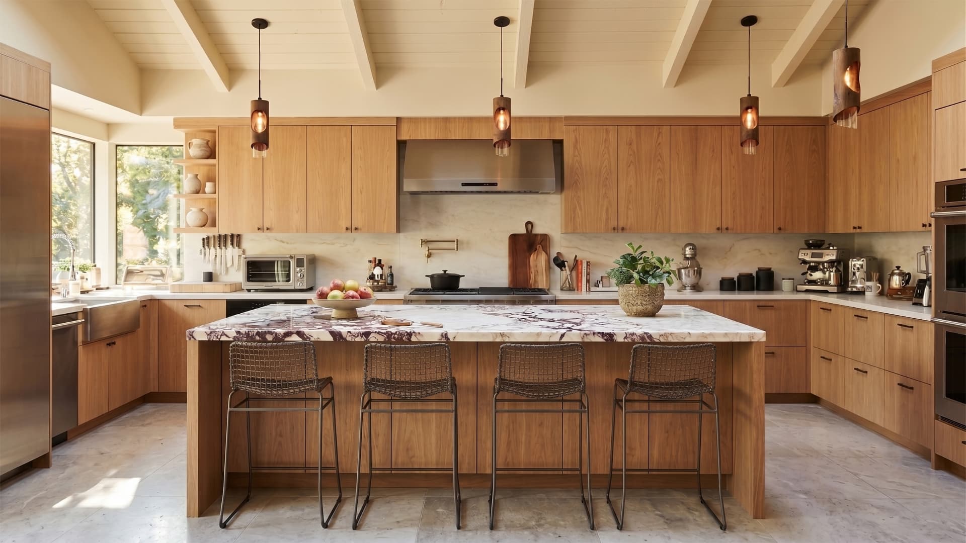 Warm wood kitchen with a white marble island and black wire stools