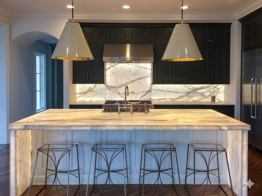 Architectural marble kitchen with full slab island