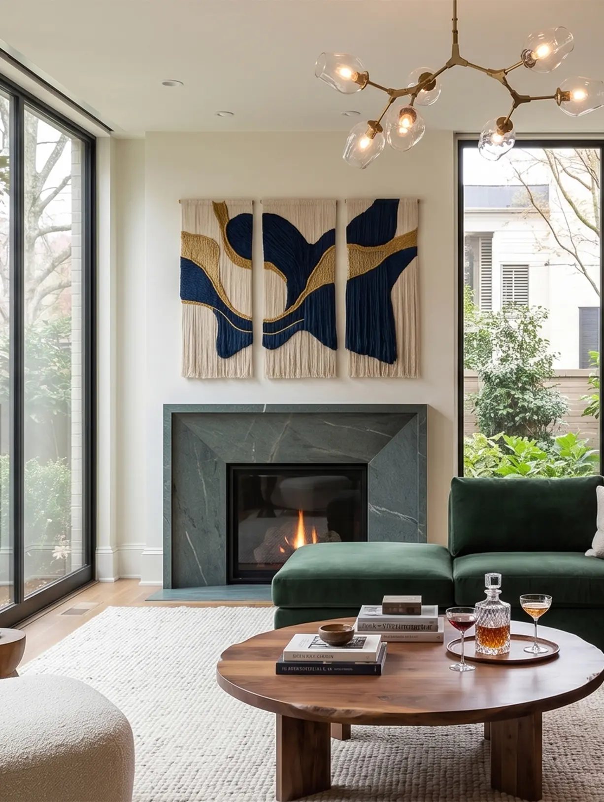 Modern living room with a green marble fireplace surround