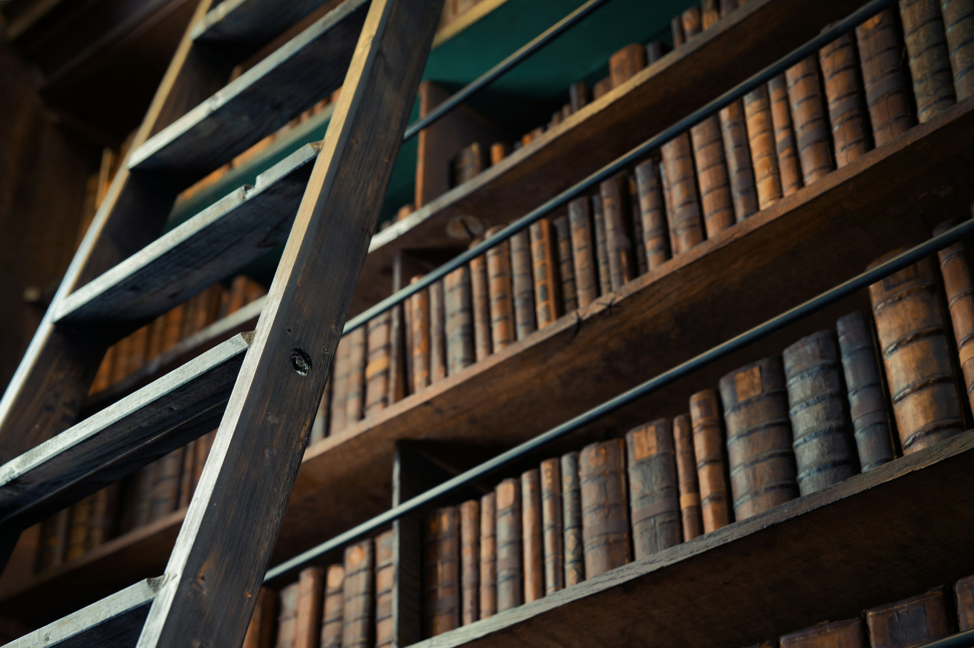 Library ladder beside shelves of bound material references